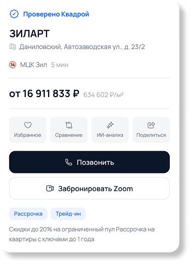 Карточка ЖК с панелью быстрых действий